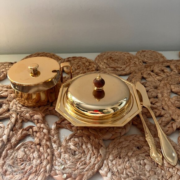 Vintage Made In Italy Gold Plated Brass Covered Butter Dish and Jam Pot - Picture 5 of 12